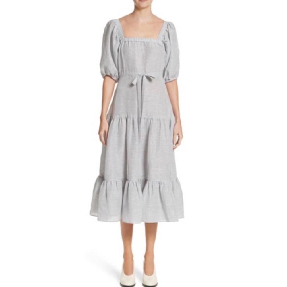 CO. NEW Square Neck Italian Linen Silk Tiered Midi Dress Size L $695.00